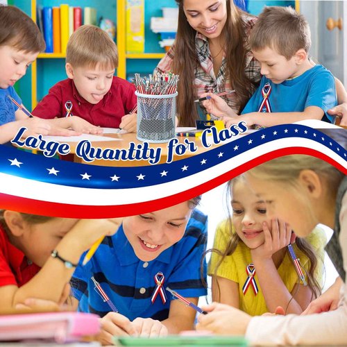 Qeeenar 200 Pcs Veterans Day American Flag Ballpoint Pen and Patriotic Ribbon Pins with Star Set 1.0 mm Black Ink Gel 4th of July Ink Pen for Veterans Day Memorial Independence Party Supplies