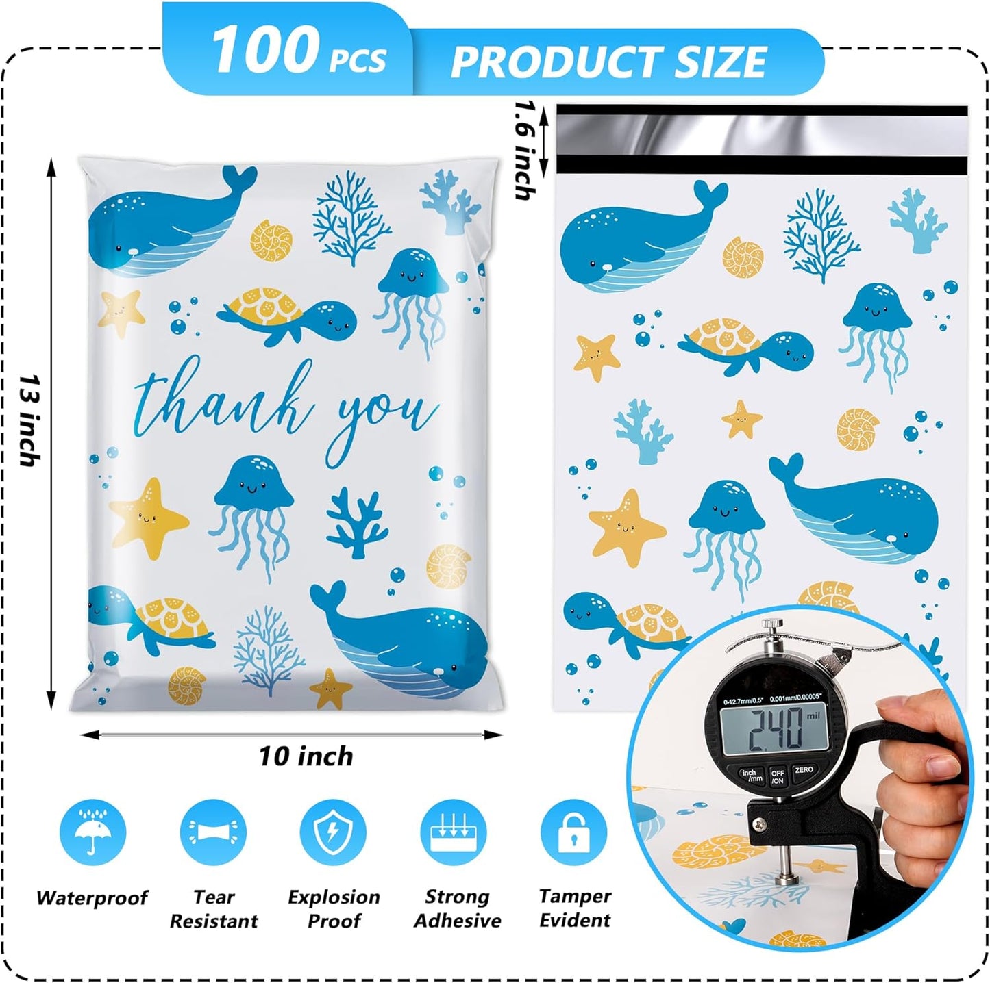 Thank You Poly Mailer - 10x13 Inch Waterproof & Tear-Resistant Shipping Bags | 100 Pcs Self-Seal for Small Business - Ocean