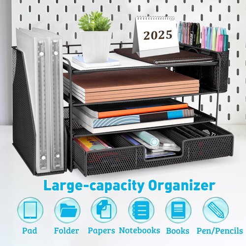 ATOMUS 4 Tier Desk Organizer, File Organizer Drawer Organizer with 2 Hanging Pen Holders Accessories & Workspace Organizers for Office Supplies Pull-Out Design (Black)