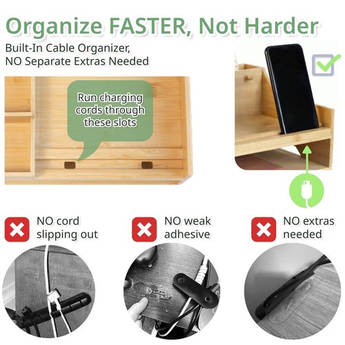 5in1 Bamboo Wood Desk Organizer with Cable Management Spacious Desk Storage & Phone Holder with Key Hooks Home & Office Supply Accessories. No Assembly