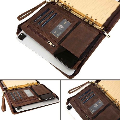 GZRHKJ A5 Genuine Leather Portfolio, 6 Ring Binder Notebook Portfolio, Refillable Planner with Binder Pockets (Standard,Dark Khaki)