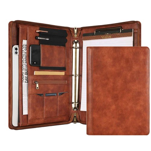 Handmade Leather Portfolio, Embossed Vegan Leather Padfolio Folio, Zipper Portfolio with A4 Letter Sized, Writing Pad Holder, Gifts for Women/Men, Brown