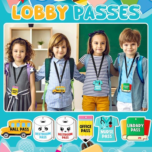 Sabary Hall Pass Lanyards - 12 Unbreakable Wooden Passes for Classrooms, Restrooms & Offices