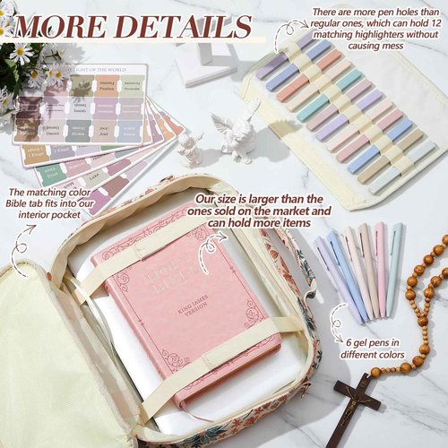 Sinload Extra Large Bible Cover Case Christian Bible Gift for Women 12.8 x 10.5" Chenille Letter PU Leather Bible Bag with Shoulder 5 Bible Tabs 6 Gel Pen 12 Highlighters Xmas Bible Study Supplies