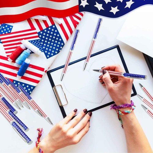 Gueevin 60 Pcs American Flag Ballpoint Pen Patriotic 4th of July Metal Pens USA Themed Slim Retractable Pens Bulk Black Ink 0.7 mm for Independence Day Veteran Swat Souvenir Gifts(Silver)
