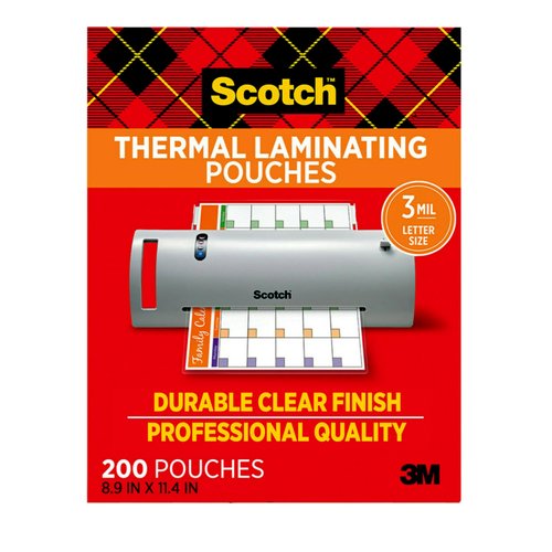 Scotch Thermal Laminating Pouches, 200 Count, Clear, 3 mil., Ideal Office or School Supplies, Fits Letter Sized Paper (8.9 in. × 11.4 in.)