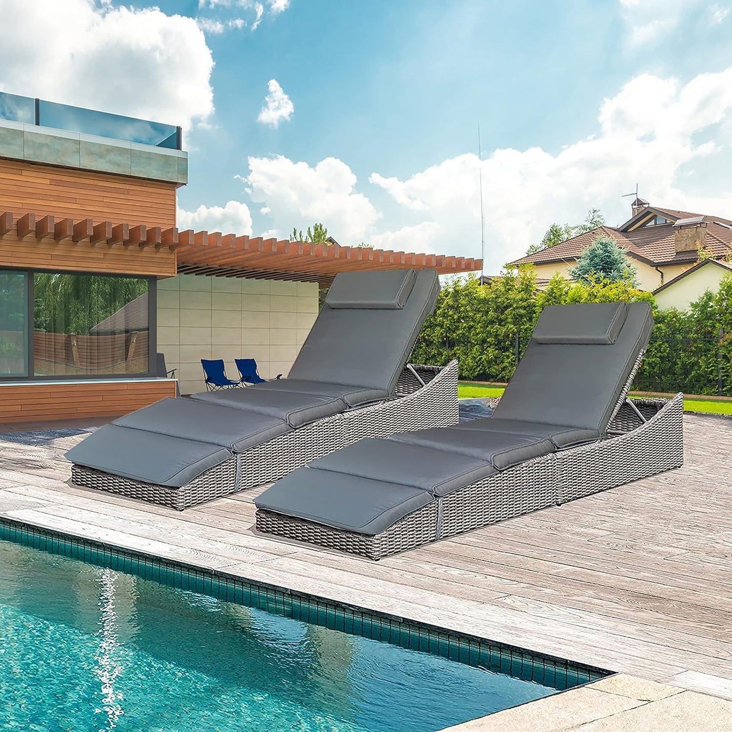 BTEXPERT Set of 2, Foldable Outdoor Chaise Pool Lounge Chairs Folding Wicker Rattan Sun Bed Patio Couch Reclining Lounger Adjustable Padded Backrest Pillow Assembled - Grey - Two