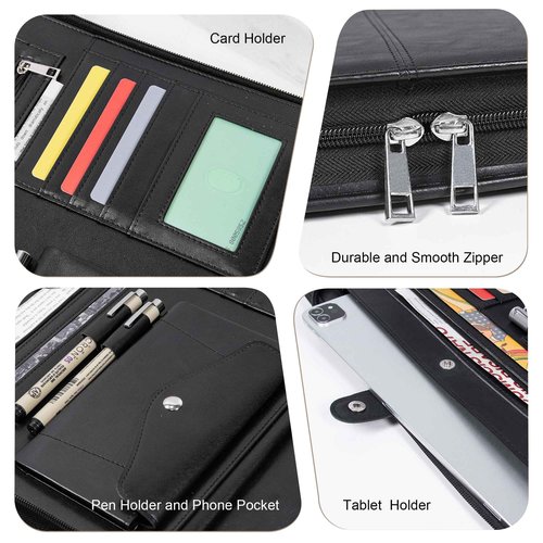 Calfinder Vegan Leather Padfolio with Zipper&Handle,Padfolios for Women&Men,Business Portfolio Organizer for Ipad,Notepad Folder with Phone Pocket and Card Holder,Portfolio Binder