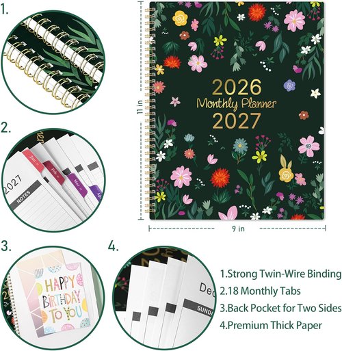 Monthly Planner 2026-2027 | 18-Month Calendar with Colorful Tabs & Back Pocket - 9" x 11"
