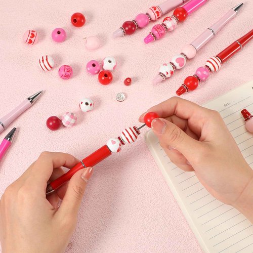 Geyoga 60 Pcs Valentine's Day Beadable Ballpoint Pen Heart Plastic Gel Ink Pen with 180 Assorted Love Beads 60 Rhinestone Beads for Valentines DIY Crafts Office School Students Gifts Party Supplies