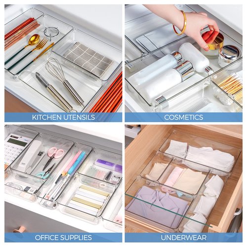 Ravinte 16 PCS Drawer Organizer Plastic Storage Bins, 5 - Size Kitchen Drawer Organizer with Non-Slip Pads Clear Desk Storage Tray for Makeup, Jewelries, Kitchen Utensils and Office