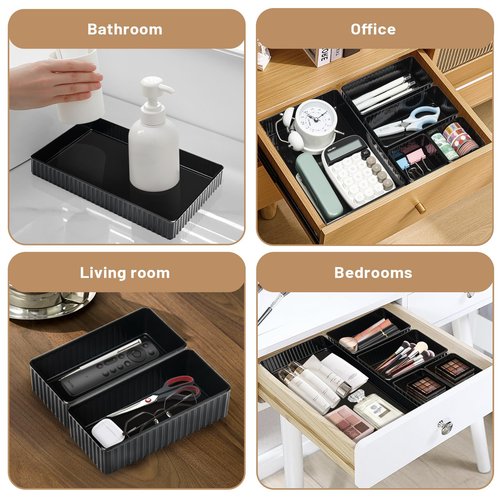 MOSA BEAR 6 PCS Black Drawer Organizer Set 3-Size, Makeup Organizer,Versatile Desk and Vanity Drawer Organizer Trays, Storage Bins for Bedroom, Kitchen，Bathroom