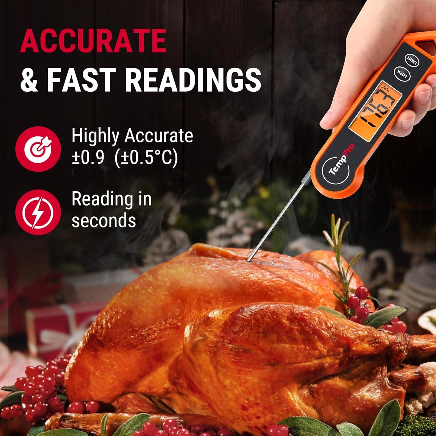 ThermoPro Digital Instant Read Meat Thermometer - Waterproof Kitchen Cooking Tool with Backlit Display for BBQ & Grilling