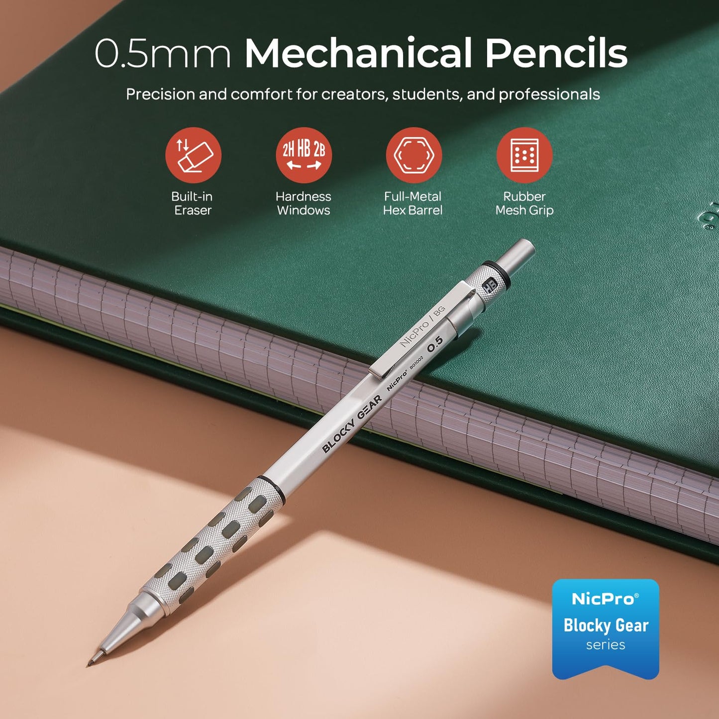 Nicpro Blocky Gear 0.5 mm Mechanical Pencil Set in Case, Metal Pencil with Lead Refills, Eraser for Professional & Adult Art Writing Drafting Drawing