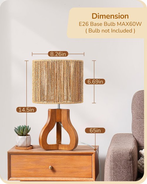 EDISHINE 14.6" Rattan Table Lamp, Rose Wood Tripod Nightstand Lamp, Handwoven Paper Rope Shade, Small Bedside Lamp for Bedroom Living Room, Office, On-Off Line Switch, E26 Base(Bulb Not Included)