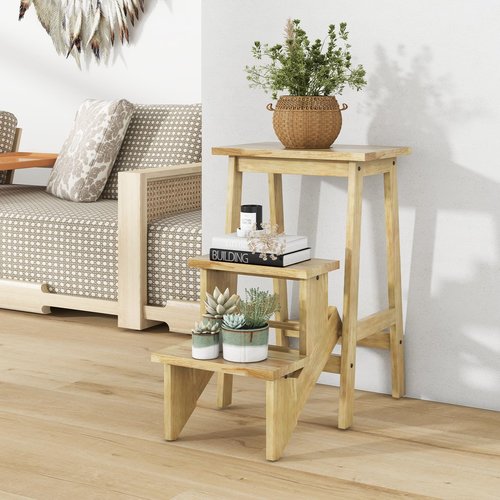 GLACER 3-Tier Folding Step Stool, Portable Wood Step Ladder for Adults & Kids, 3-in-1 Storage Shelf Flower Rack Foot Stool, Ideal for Home, Kitchen, Library (Natural)