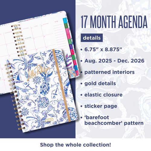 Lilly Pulitzer Large Monthly Planner August 2025 - December 2026, Monthly Agenda & Calendar, Stickers, Pockets, & Spiral Binding (Resort White Barefoot Beachcomber)