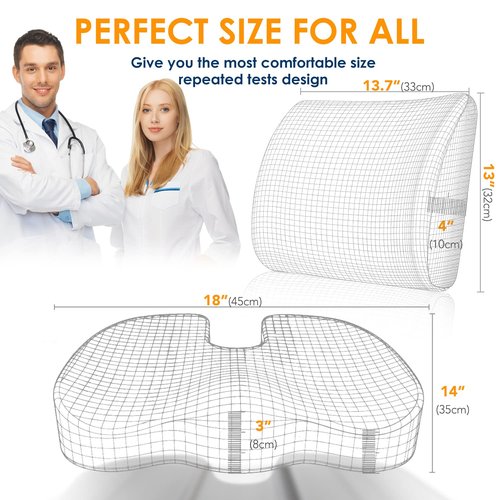 Seat Cushion & Lumbar Support Pillow for Office Chair, Car, Wheelchair & Memory Foam Seat Coccyx Cushion