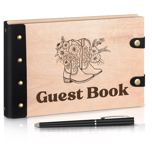 Engrowtic Western Cowboy Wedding Guest Book with Pen Wooden Guestbook Wedding Reception with Leather 7 x 10 Inches Wood Grain Guest Book Signing for Birthday Bridal Shower Baby Shower Decor