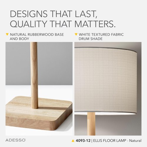 Adesso Floor Lamp with Natural Rubberwood Base and White Linen Lampshade – 3-Way Adjustable Brightness, Lamp for Bedroom, Living Room, and House Décor, 58.5” x 16”