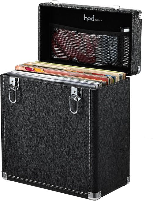 Hododou Vinyl Record Storage Case - Holds 30+ 12-Inch Records | Heavy-Duty, Portable Design with Lid Handle & Mesh Pouch
