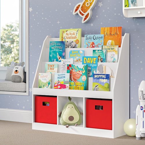 RiverRidge Kids Bookrack - 4 Shelves with 3 Cubbies for Organized Storage | White, 11.81"D x 35"W x 36"H