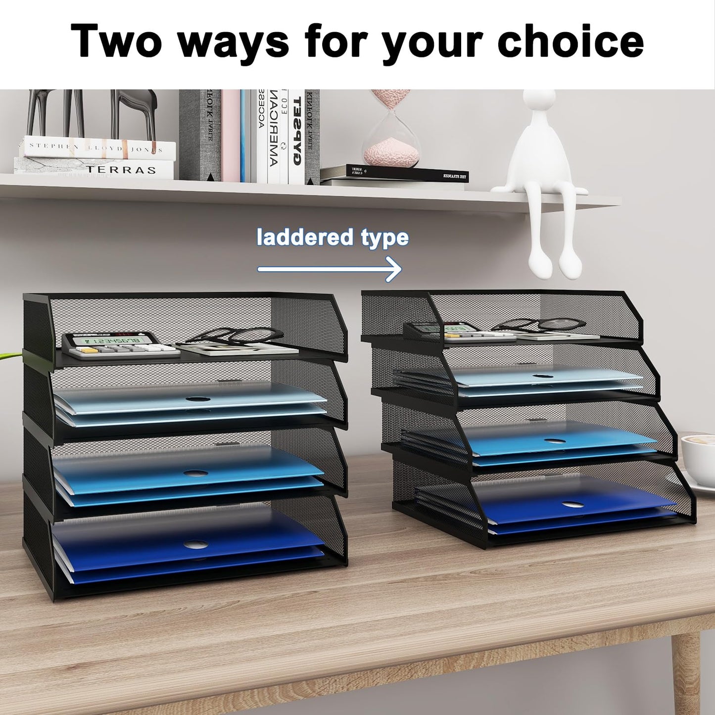 Natwind 4-Tier Stackable Paper Tray, Metal Mesh Desktop Organizer, A4 Paper Sorter, Letter Trays,File Folder Sorter Organizer with Sliding Tray for Home, Office, School (Black)