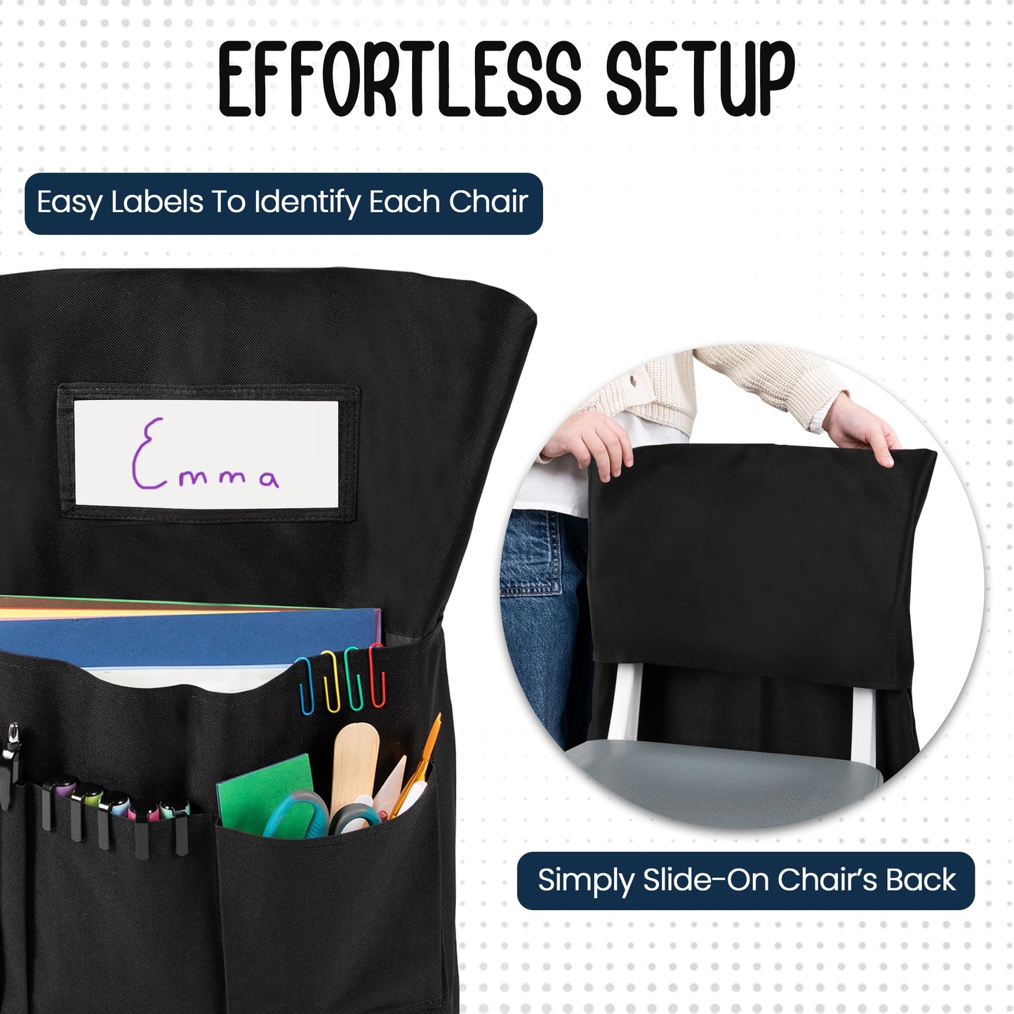 Essex Wares - Pack of 12 Chair Pockets for Classrooms Black 17" Wide x 19.7" Tall - Spacious Student Chair Pockets - Chairback Pocket Chart - Classroom Chair Pockets Suitable for Most Classroom Chairs