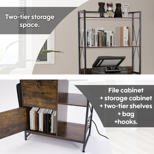 Zethvax Vertical File Cabinet,Filing Cabinet with Shelves,Charging Station,Hanging Pouch and Hooks,Vertical Filing Cabinet Fits Letter/A4/Legal Size (Wood)