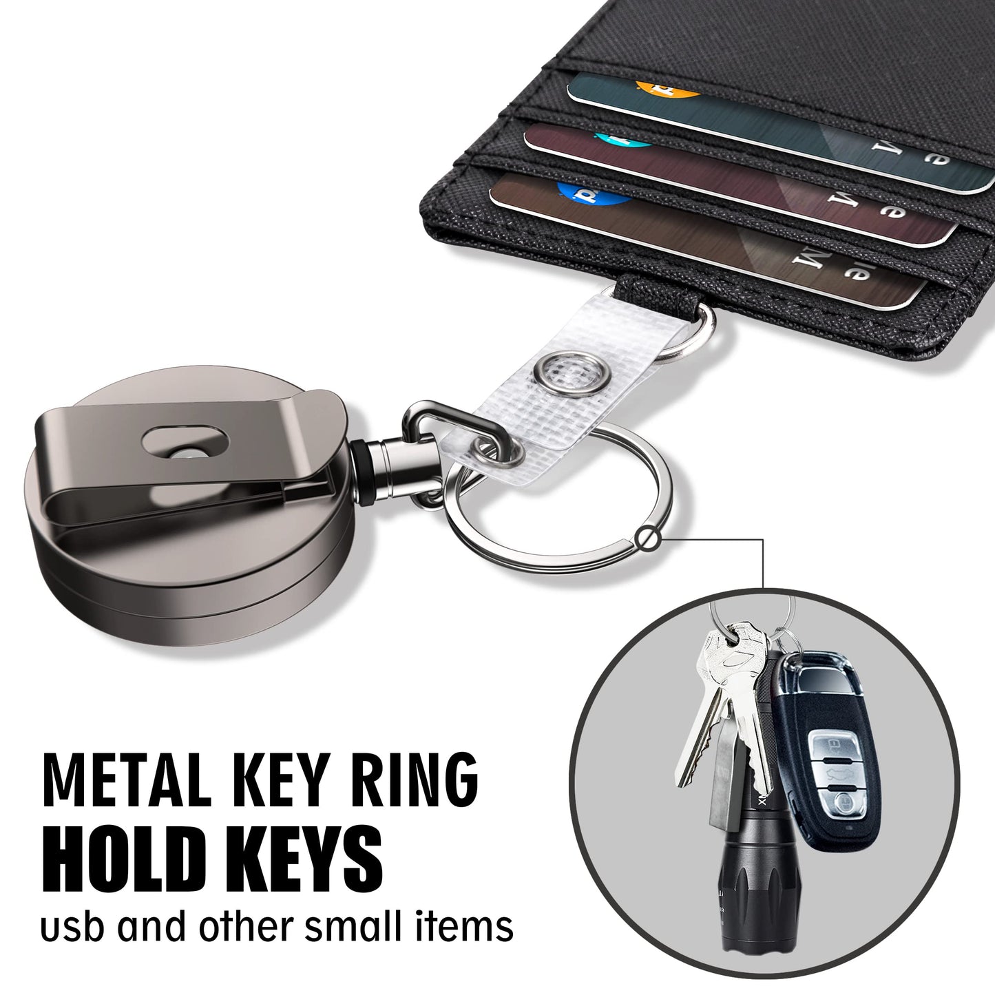Heavy Duty Metal Retractable Badge Holder Reel with Belt Clip Key Ring, Waterproof Vertical Clear ID Card Holder and PU Leather Badge Holder
