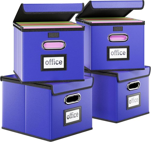Huolewa Decorative Leather File Organizer - Set of 4 Stylish Storage Boxes with Lids for Home/Office