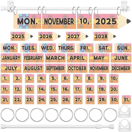 AmazingSpark Retro Pencil Shape Flip Calendar with Adjustable Calendar Holder and 54 Date Cards Classroom Set for Home Back to School Classroom Decoration Supplies (Disco)
