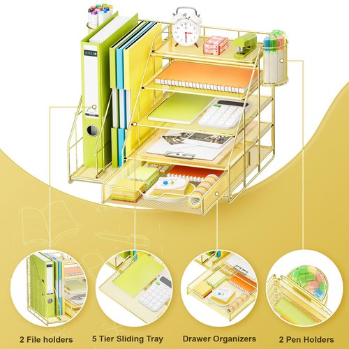 Marbrasse Desk Organizer with File Holder, 5-Tier Desk Organizer and Accessories with Drawer and 2 Pen Holders, Mesh Paper Letter Tray, Desktop Storage for Office Supplies (Gold)