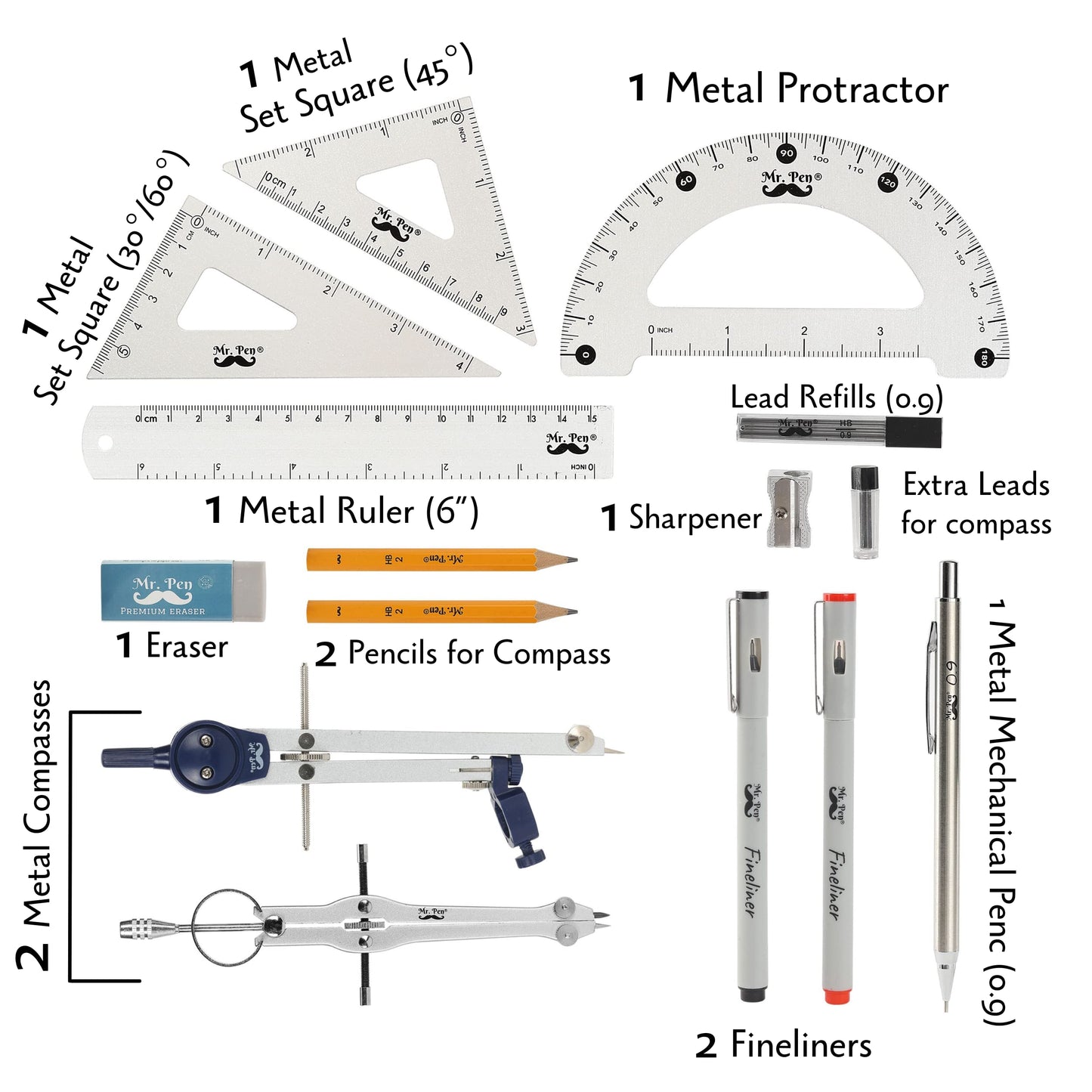 Mr. Pen- Professional Geometry Set, 15 pcs, Drafting Tools with Protractor