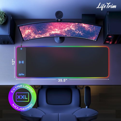 LifeTrim Wireless Charger LED Mousepad 35.5 x 12 Inch RGB Gaming Mouse Pad 10 Light Modes 4mm Thick Large Desk Pad Wireless Charging Cool Mouse Pad for PC Accessories & Gaming Gifts