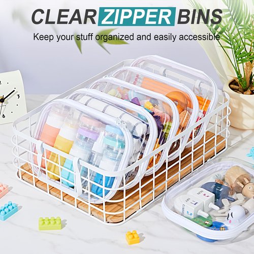 Qiyaz 15 Pcs Clear Hard Shell Zipper Case Plastic Bins Transparent Double Zippers Hard Pouch Clear Plastic Storage Box Containers for Building Blocks Cosmetics, Puzzles(7.9 x 5.9 Inches)