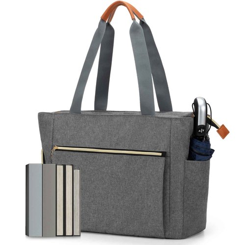 CURMIO Large Grey Teacher Work Bag with Scalable File Organizer, Bottom Support Board, Cup Holder, Laptop Compartment, 7 Pockets, Unisex Adults Tote for Teachers