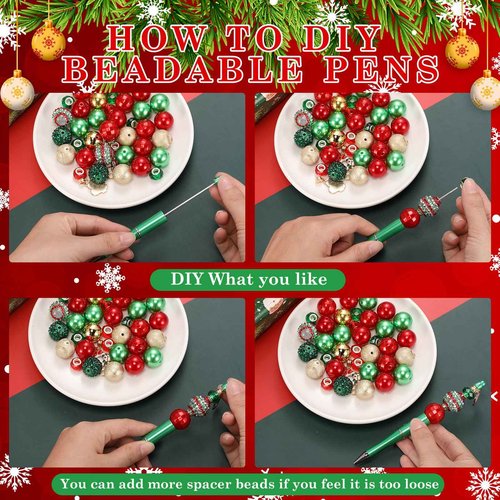 Fulmoon 24 Pcs Christmas Beadable Pens Bulk Plastic Bead Pens with 108 Pcs Assorted Beads 24 Pcs Charms Snowmen Santa Snowflake for Christmas Gifts School Office Supplies(Red, Green, Gold, Santa)