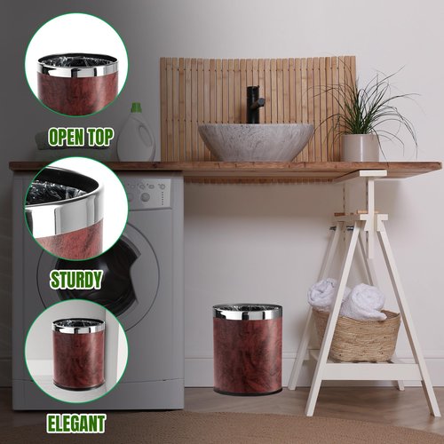 Brelso 'Invisi-Overlap' Open top Leatherette Trash Can, Small Office Wastebasket, Modern Home Décor, Round Shape (Burgundy)
