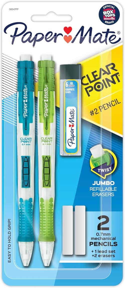 Paper Mate Clearpoint Mechanical Pencils - 0.7mm HB #2 Lead, 2 Pencils, 1 Refill & 2 Erasers | Perfect for School & Note-Taking