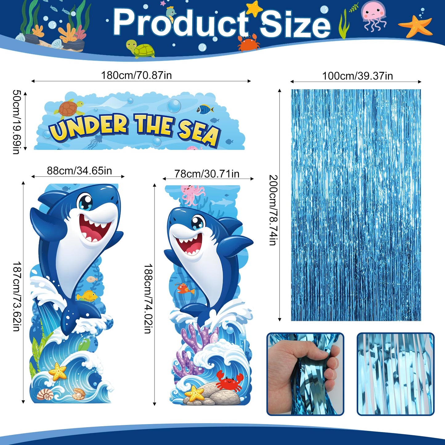 Ocean Theme Door Banner Decoration with Blue Foil Fringe Curtains Under the Sea Porch Signs Summer Birthday Party Decorations Ocean Photo Booth Backdrop Hanging Decor 94.5 x 91 Inch