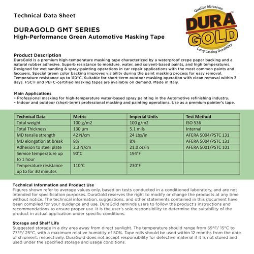 Dura-Gold Green Automotive Masking Tape 1-1/2 Inch (1.41 Inch x 55 Yards), Case of 24 Rolls - Premium High-Performance, Heat Resistant - Auto Refinish Painting, Car Detailing, Autobody, Painters Tape