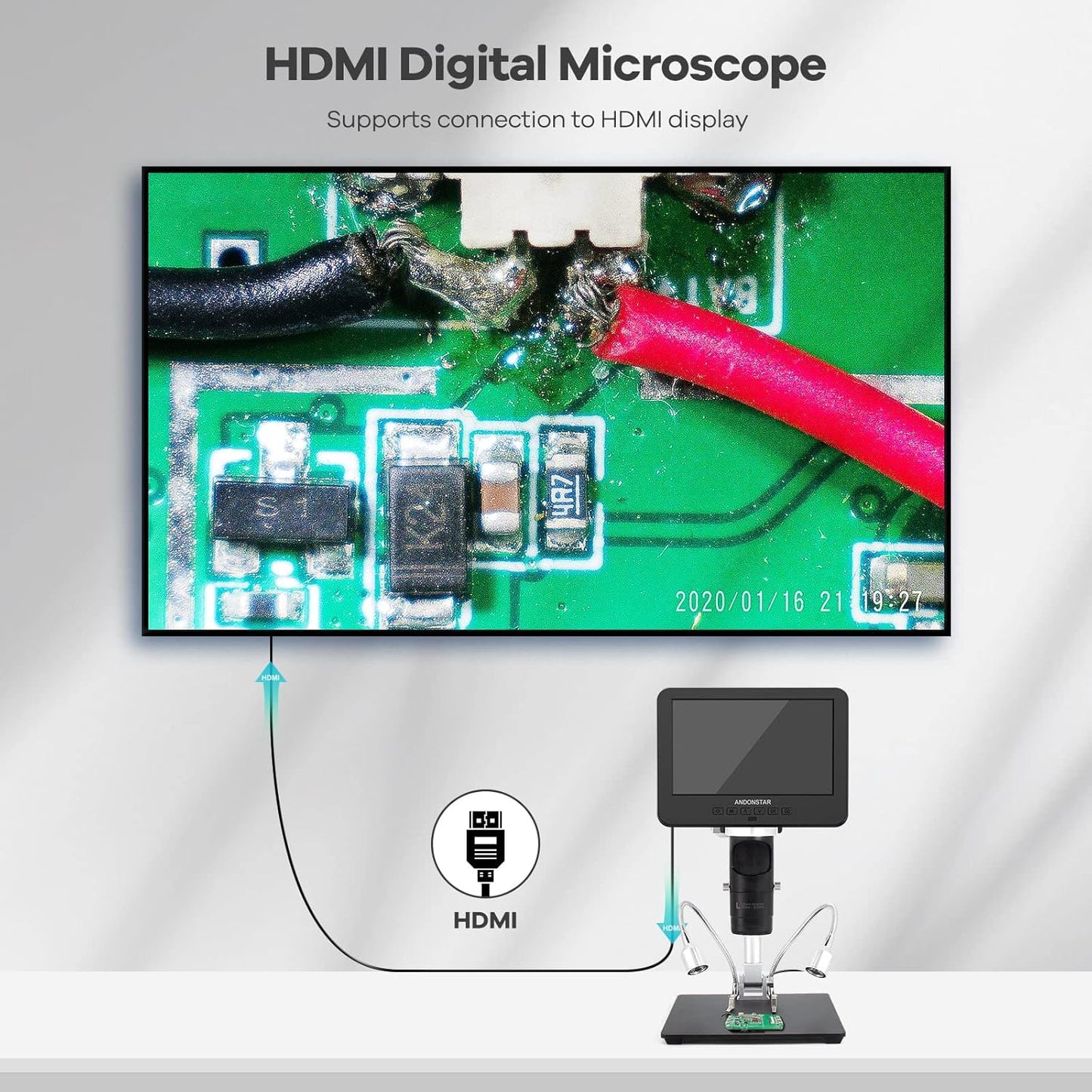 Andonstar AD246S-M HDMI Digital Microscope - 2000x Magnification, 2160P UHD Video, 7-Inch LCD Display, Pro Boom Arm Stand