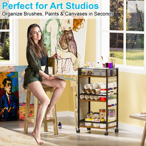 3 Tier Rolling Craft Cart & Art Cart | Side Partitioned Paint Brush Holder | Art Supply Storage Organizer with Wheels | Rolling Storage Cart for Standing Desk, Drawing & Craft Room, DIY Workshop,Gift