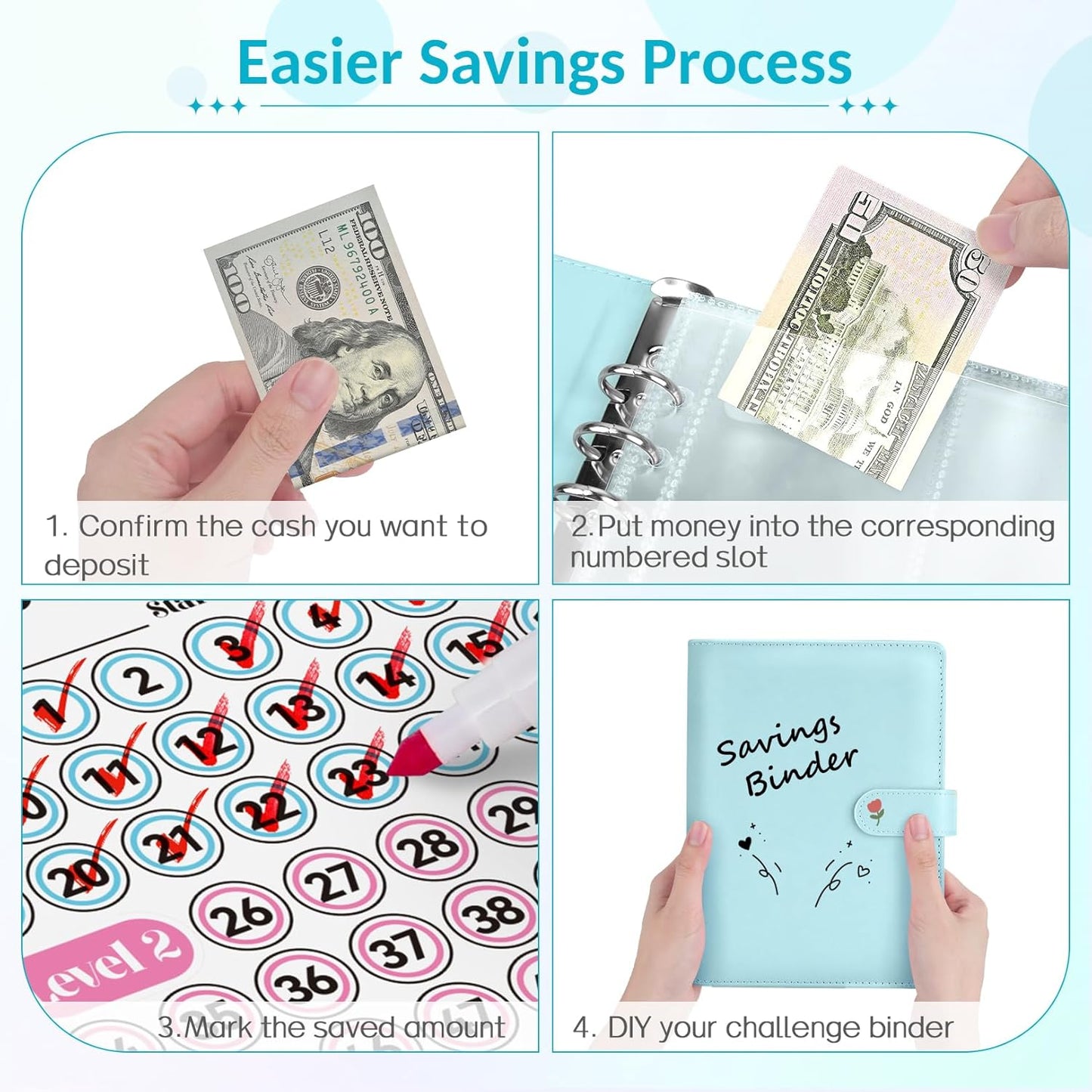 Sooez Money Saving Challenge Envelopes - 100 Pocket Savings Binder with Reusable Tracker & Flexible Goals