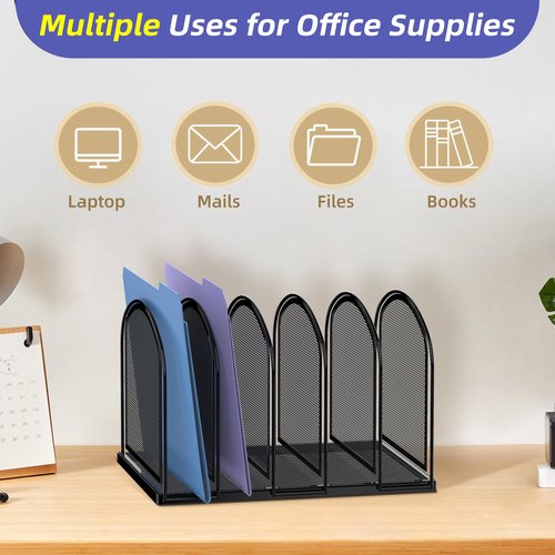 SUPEASY 5-Section File Organizer, Mesh Desk Organizer Upright File Holder Desktop Organizer File Sorter, File Folder Holder for Office Home, Large Capacity Black 2 Pack