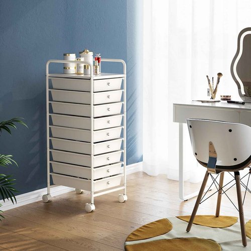 Shrivee 9-Tier Utility Cart with 9 Drawers, Rolling Utility Cart with 2 Lockable Caster Wheels, Multipurpose Mobile Rolling Storage Drawer Cart for Office Bathroom Kitchen, Ivory White