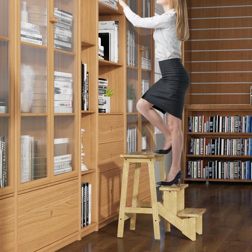 GLACER 3-Tier Folding Step Stool, Portable Wood Step Ladder for Adults & Kids, 3-in-1 Storage Shelf Flower Rack Foot Stool, Ideal for Home, Kitchen, Library (Natural)
