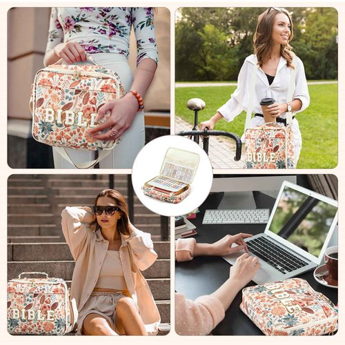 Sinload Extra Large Bible Cover Case Christian Bible Gift for Women 12.8 x 10.5" Chenille Letter PU Leather Bible Bag with Shoulder 5 Bible Tabs 6 Gel Pen 12 Highlighters Xmas Bible Study Supplies