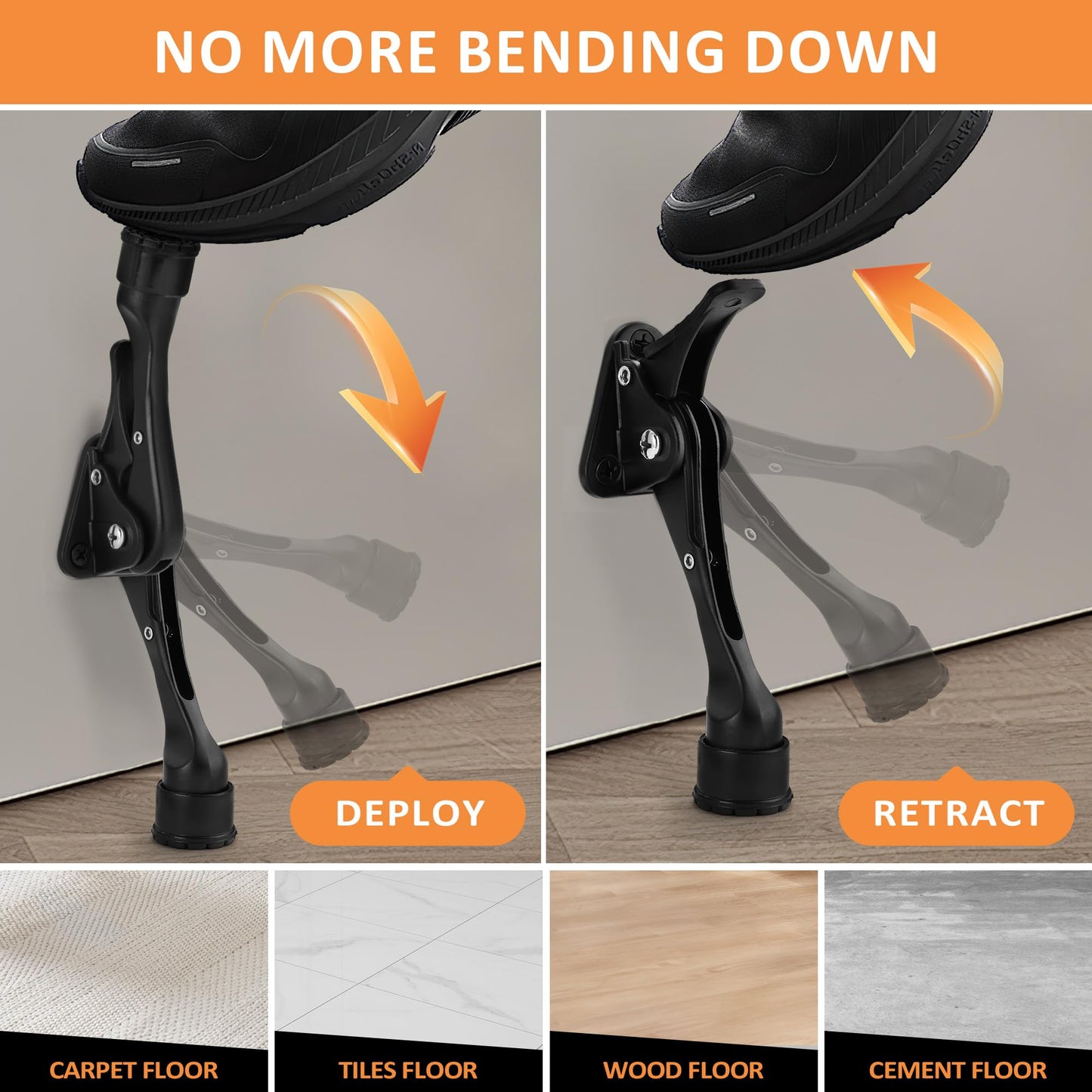 Malimali Kickdown Door Stoppers for Bottom of Door, 4" Height Adjustable Rubber Door Stop Commercial Heavy Duty Door Holder to Keep Door Open (Black, 2 Pack)